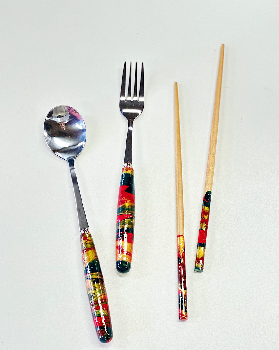 流體畫木柄不鏽鋼餐具 l Pour Painting Stainless Steel Cutlery (Wooden Handle)