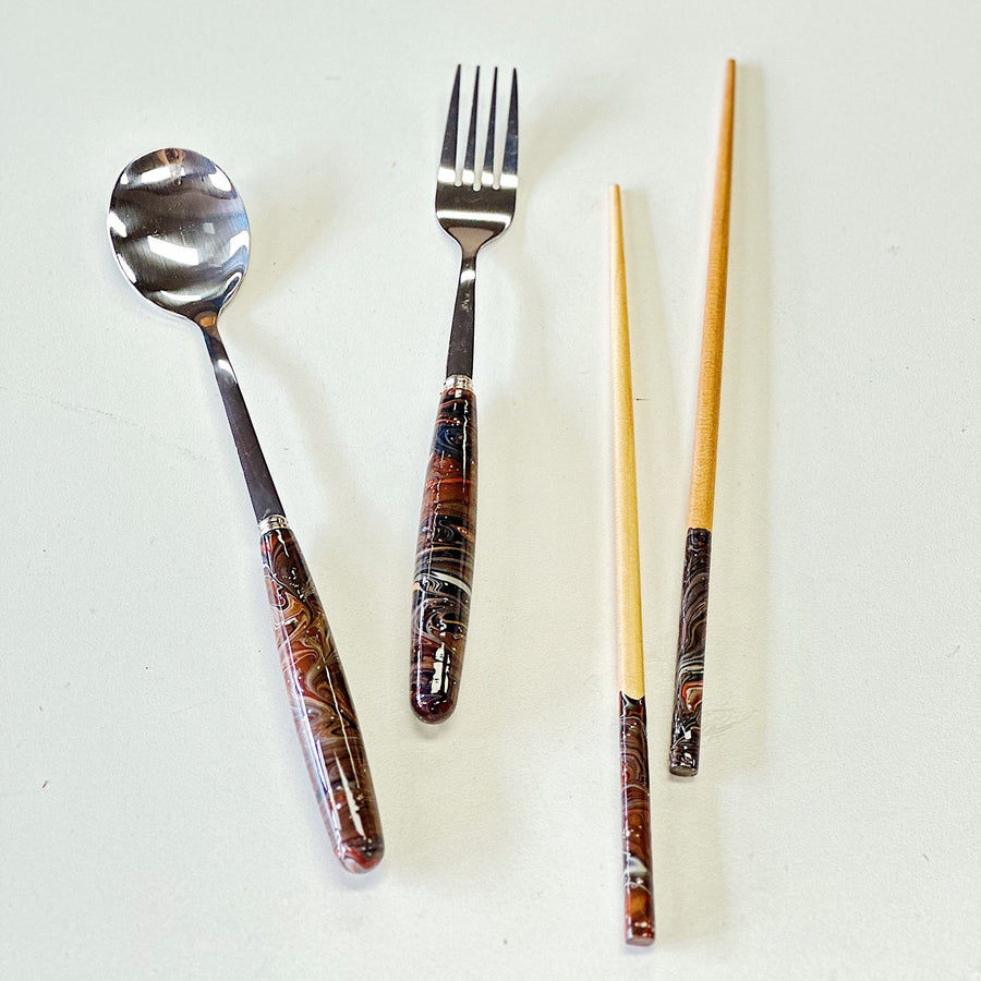 流體畫木柄不鏽鋼餐具 l Pour Painting Stainless Steel Cutlery (Wooden Handle)