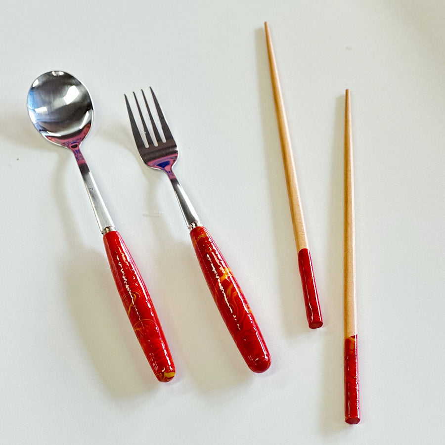 流體畫木柄不鏽鋼餐具 l Pour Painting Stainless Steel Cutlery (Wooden Handle)