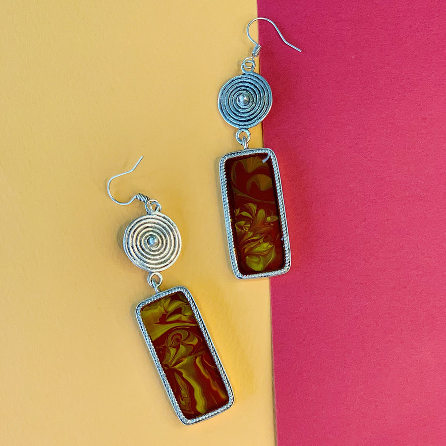 流體畫民族長方形耳環 l Pour Painting Ethnic Rectangle Earrings